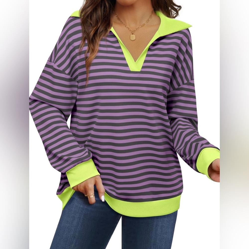 Lotusmile NWT Oversized Color Block Striped Sweatshirt - Large
